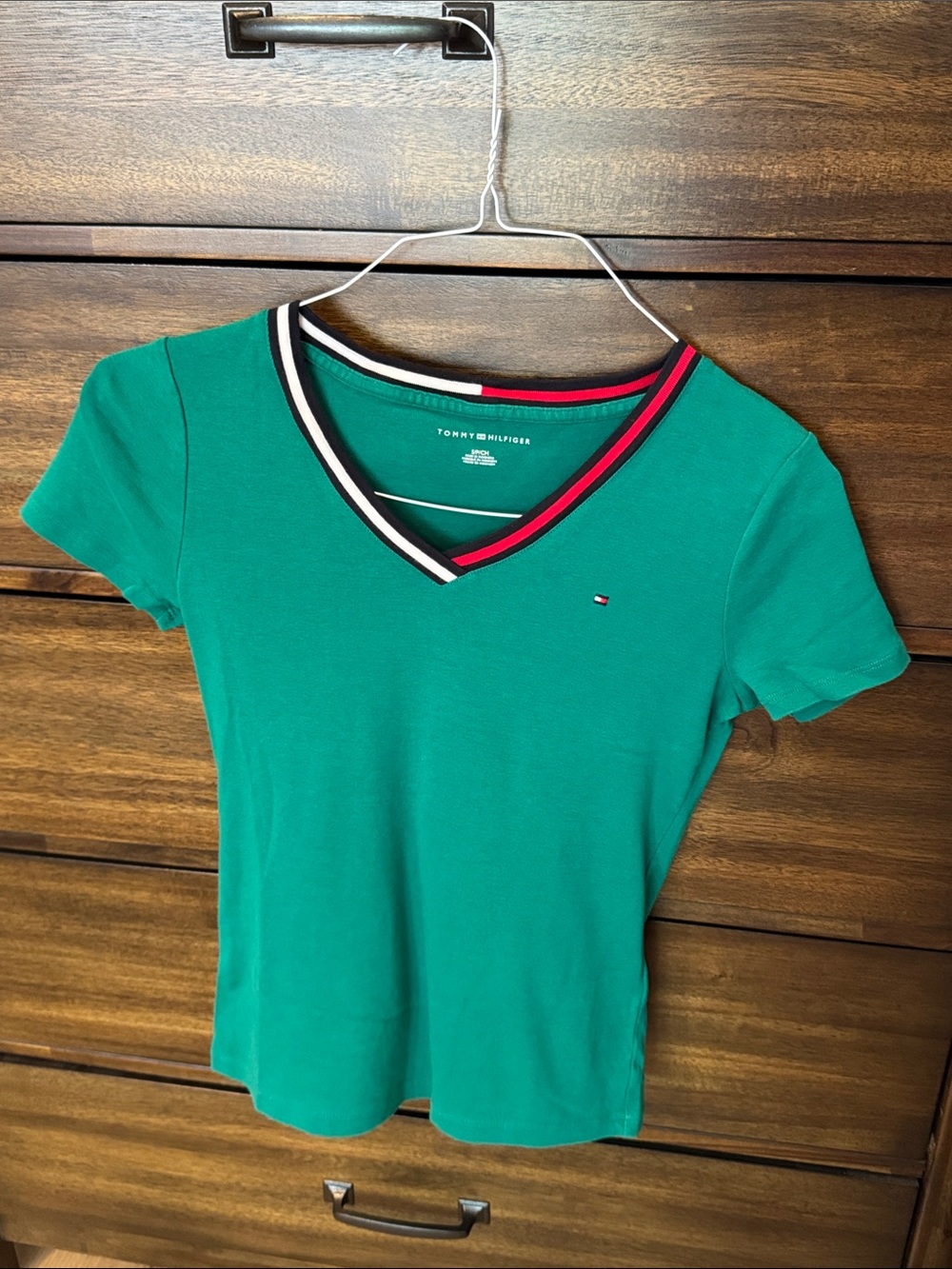 Tommy Hilfiger Emerald Green V-Neck Short Sleeve Tee with Contrast Trim